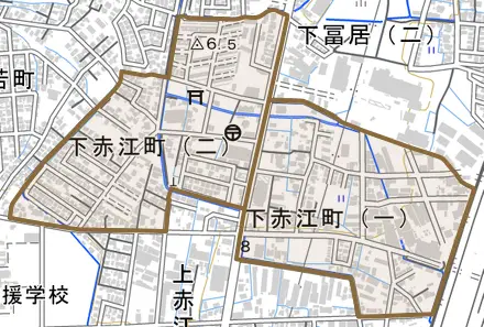 下赤江町とその周辺の地図。町の範囲を重ねている