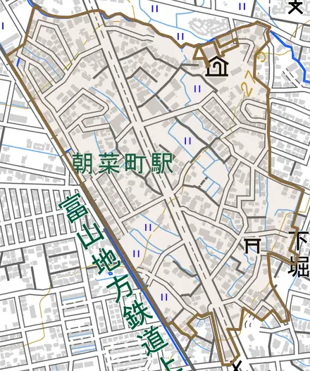 下堀とその周辺の地図。町の範囲を重ねている