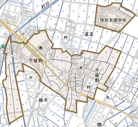 下飯野とその周辺の地図。町の範囲を重ねている