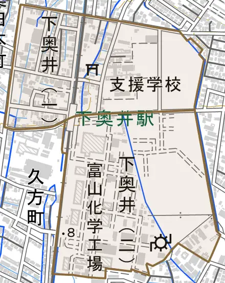 下奥井とその周辺の地図。町の範囲を重ねている