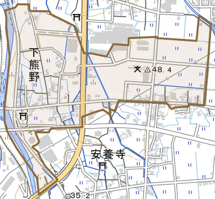 下熊野とその周辺の地図。町の範囲を重ねている