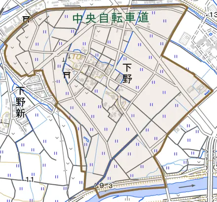 下野とその周辺の地図。町の範囲を重ねている