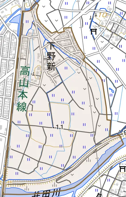 下野新とその周辺の地図。町の範囲を重ねている