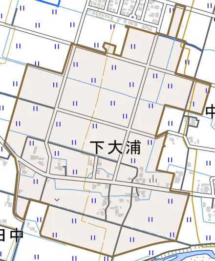 下大浦とその周辺の地図。町の範囲を重ねている
