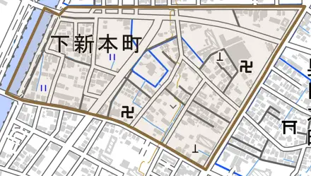 下新本町とその周辺の地図。町の範囲を重ねている