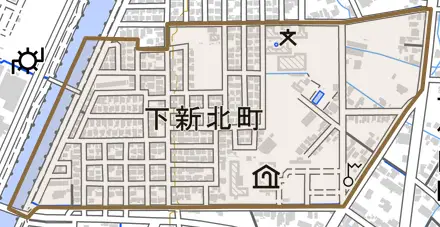 下新北町とその周辺の地図。町の範囲を重ねている