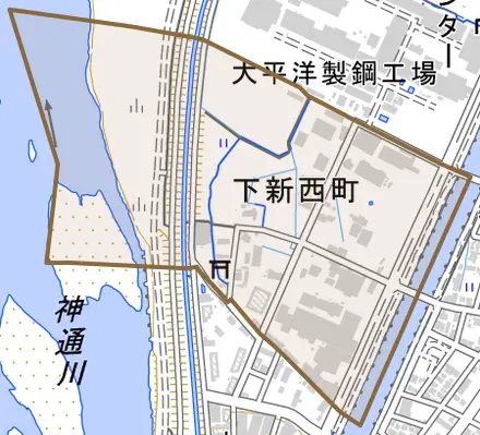 下新西町とその周辺の地図。町の範囲を重ねている