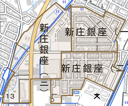 新庄銀座とその周辺の地図。町の範囲を重ねている