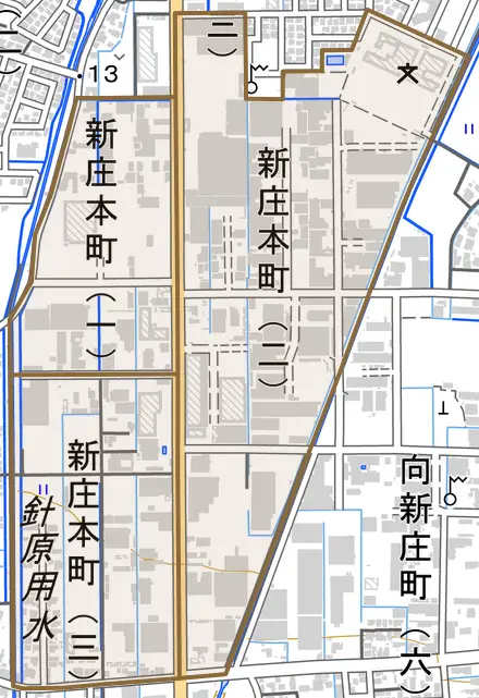 新庄本町とその周辺の地図。町の範囲を重ねている