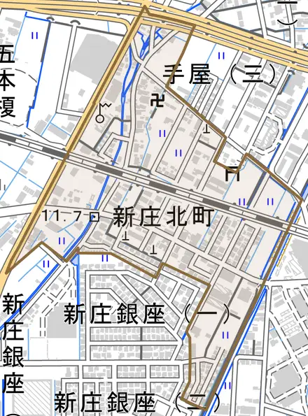 新庄北町とその周辺の地図。町の範囲を重ねている