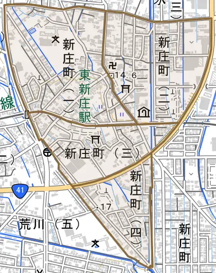 新庄町とその周辺の地図。町の範囲を重ねている