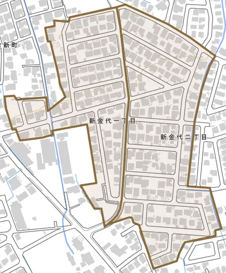 新金代とその周辺の地図。町の範囲を重ねている