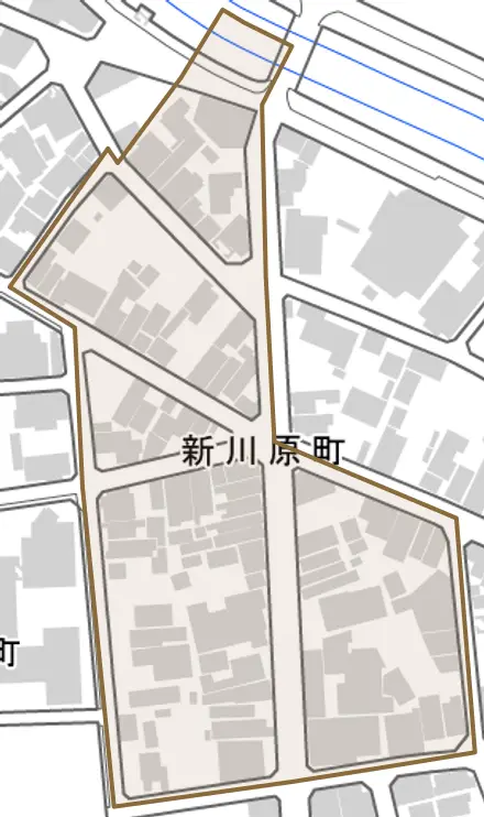 新川原町とその周辺の地図。町の範囲を重ねている