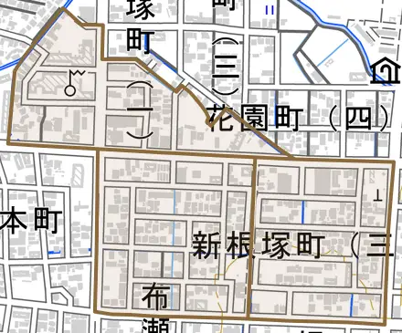 新根塚町とその周辺の地図。町の範囲を重ねている