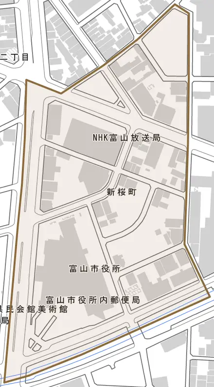 新桜町とその周辺の地図。町の範囲を重ねている