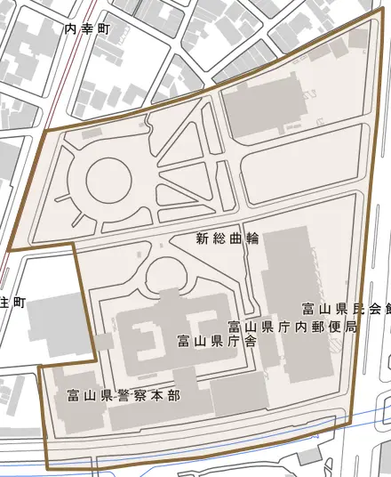 新総曲輪とその周辺の地図。町の範囲を重ねている