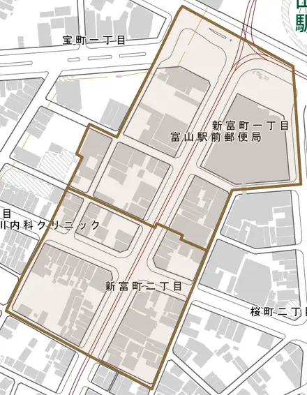 新富町とその周辺の地図。町の範囲を重ねている