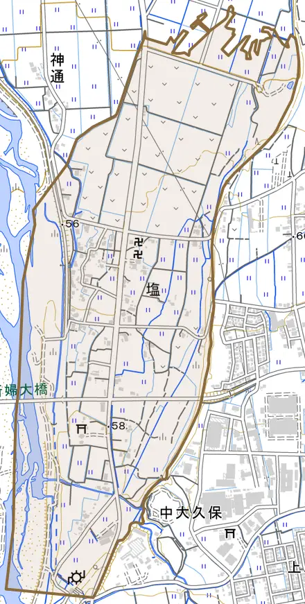 塩とその周辺の地図。町の範囲を重ねている