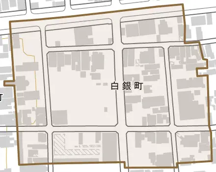 白銀町とその周辺の地図。町の範囲を重ねている