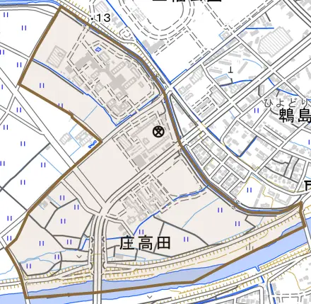 庄高田とその周辺の地図。町の範囲を重ねている