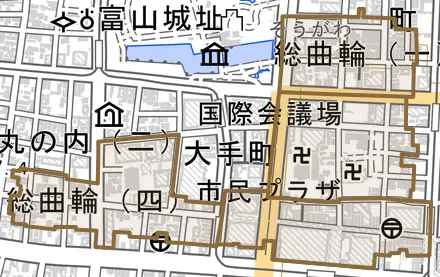 総曲輪とその周辺の地図。町の範囲を重ねている