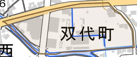 双代町とその周辺の地図。町の範囲を重ねている
