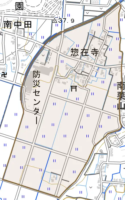 惣在寺とその周辺の地図。町の範囲を重ねている