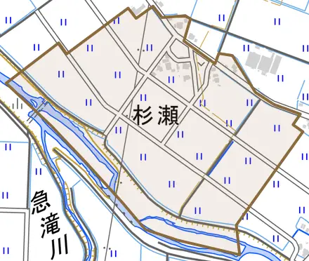 杉瀬とその周辺の地図。町の範囲を重ねている