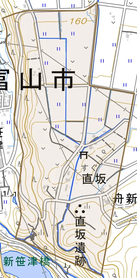 直坂とその周辺の地図。町の範囲を重ねている