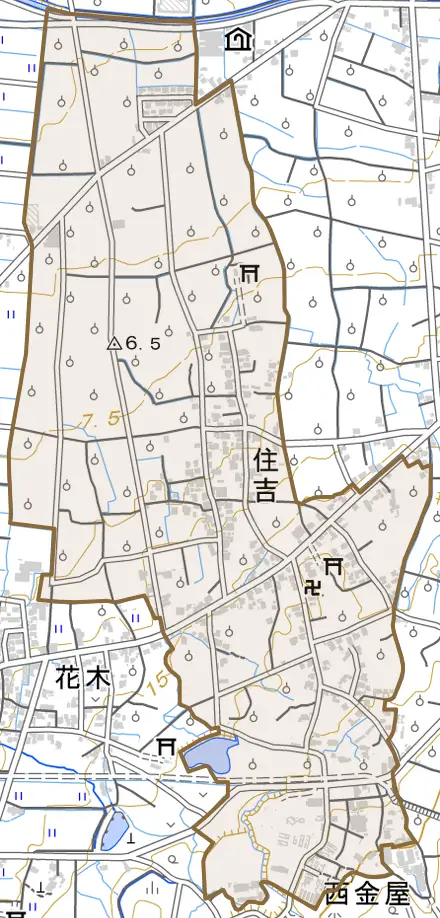 住吉とその周辺の地図。町の範囲を重ねている