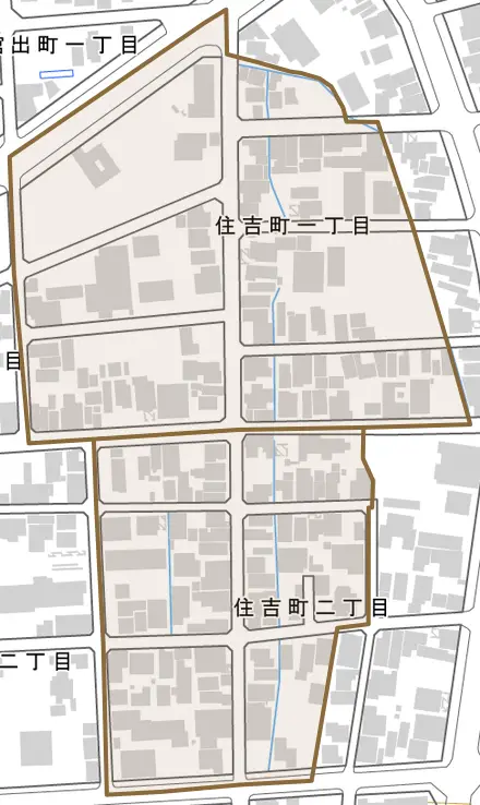 住吉町とその周辺の地図。町の範囲を重ねている