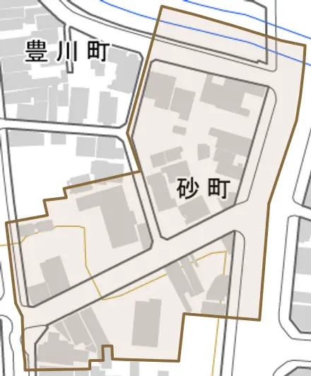 砂町とその周辺の地図。町の範囲を重ねている