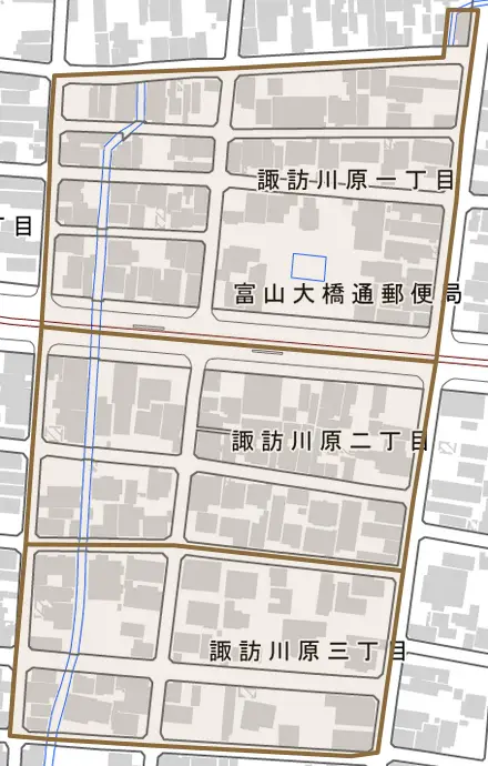 諏訪川原とその周辺の地図。町の範囲を重ねている