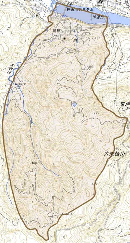 須原とその周辺の地図。町の範囲を重ねている