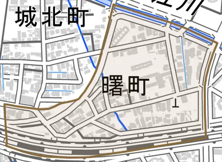 曙町とその周辺の地図。町の範囲を重ねている