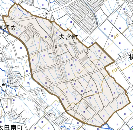 大宮町とその周辺の地図。町の範囲を重ねている