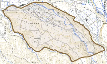 文珠寺とその周辺の地図。町の範囲を重ねている