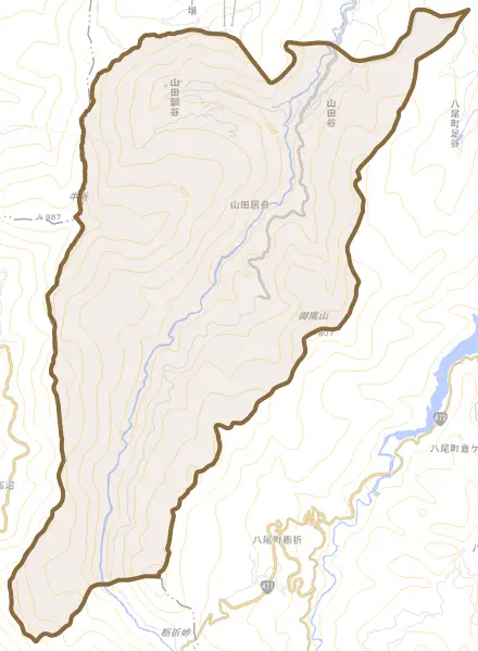 山田高清水とその周辺の地図。町の範囲を重ねている