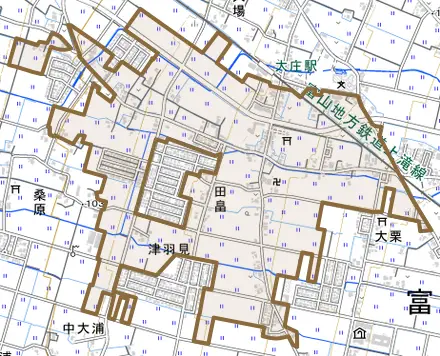田畠とその周辺の地図。町の範囲を重ねている