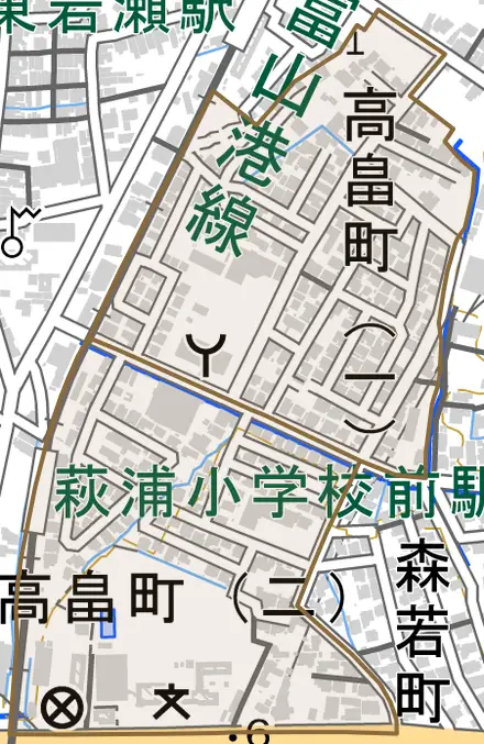 高畠町とその周辺の地図。町の範囲を重ねている