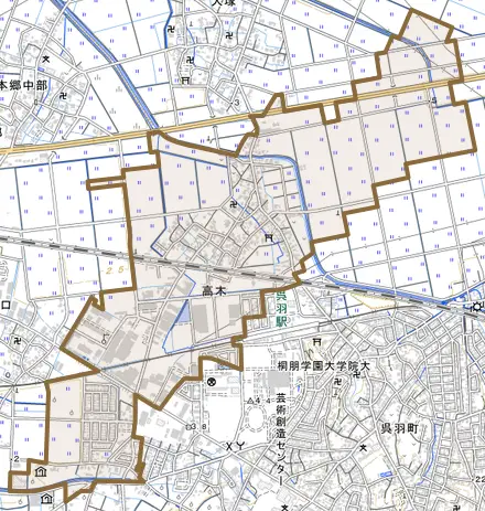 高木とその周辺の地図。町の範囲を重ねている