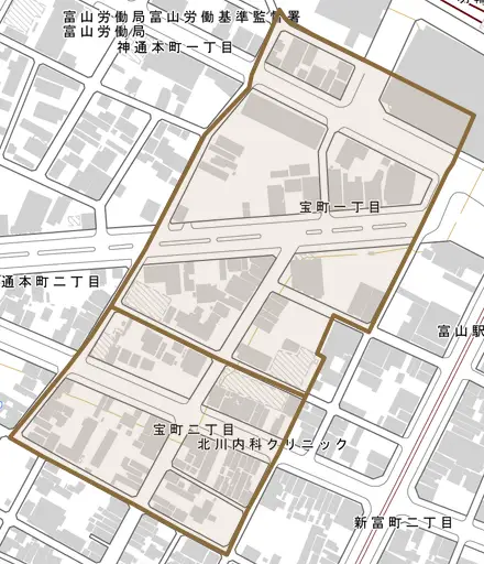 宝町とその周辺の地図。町の範囲を重ねている