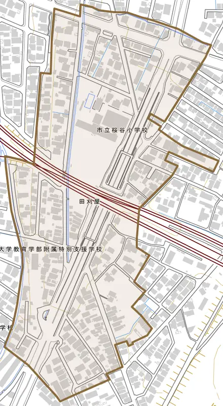 田刈屋とその周辺の地図。町の範囲を重ねている