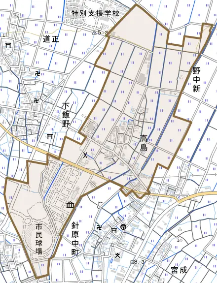 高島とその周辺の地図。町の範囲を重ねている