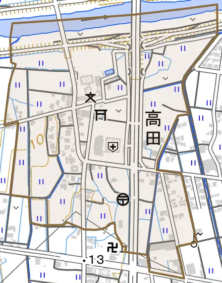 高田とその周辺の地図。町の範囲を重ねている