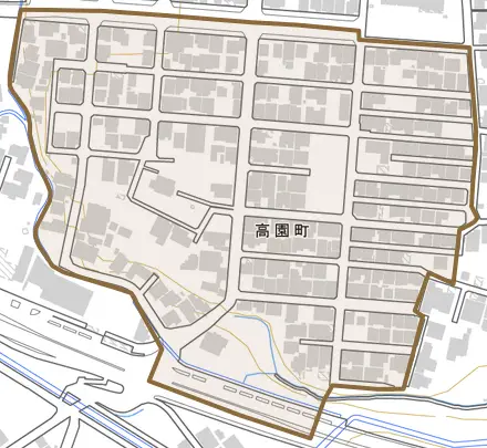 高園町とその周辺の地図。町の範囲を重ねている