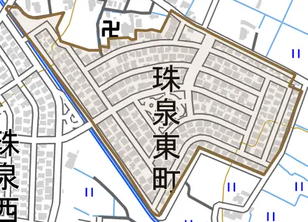 珠泉東町とその周辺の地図。町の範囲を重ねている