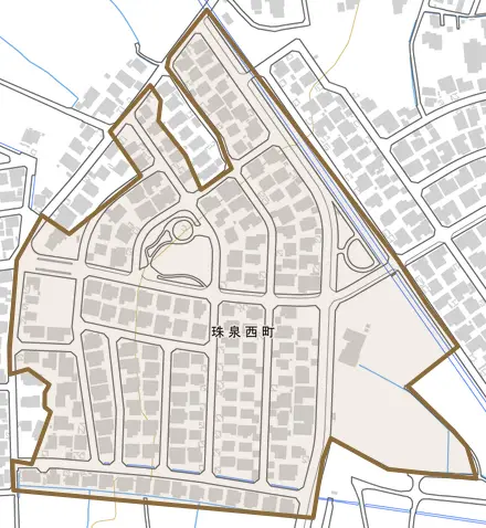 珠泉西町とその周辺の地図。町の範囲を重ねている