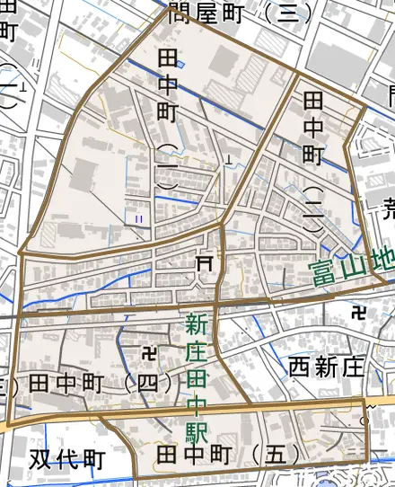 田中町とその周辺の地図。町の範囲を重ねている
