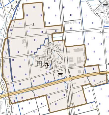 田尻とその周辺の地図。町の範囲を重ねている